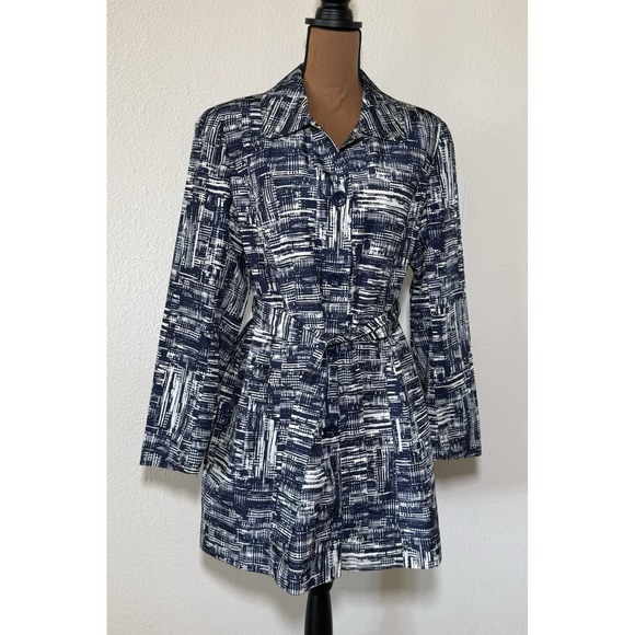 Coldwater Creek Jackets & Blazers - Coldwater Creek Trench Coat Blue/Cream Abstract Belted Mid Length Sz M (10-12)